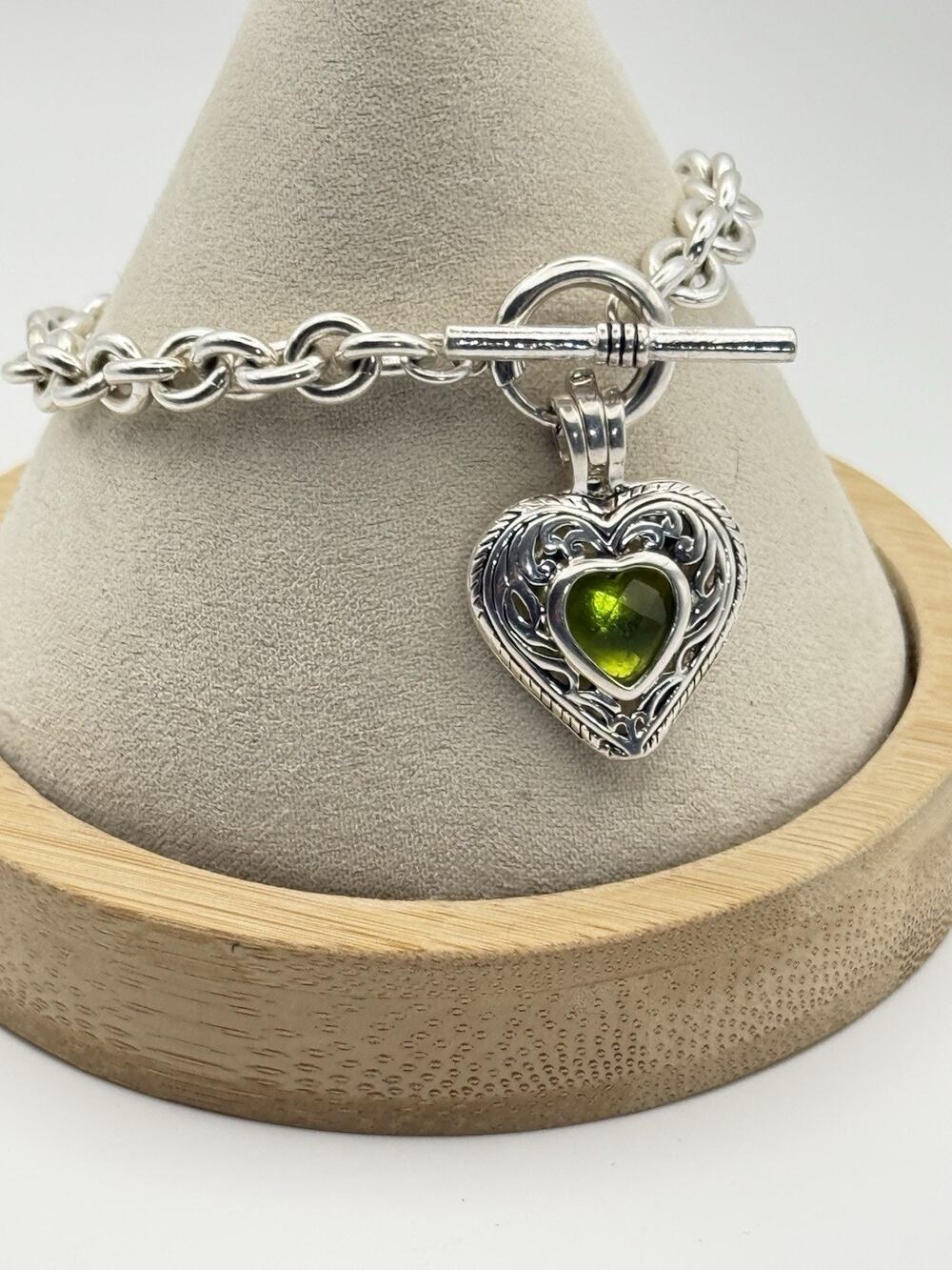 Vintage JC Silver Plate Green Peridot Heart Toggle Bracelet Engraved 7.5"